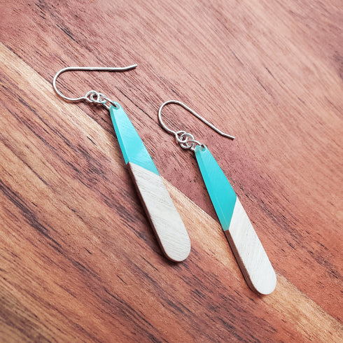 Aqua Blue Wood & Resin Teardrop Sterling Silver Earrings